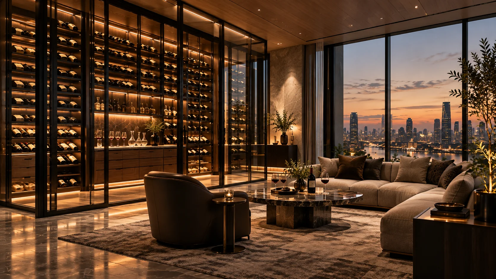 Floor-to-ceiling glass enclosed wine room with luxury lounge interior