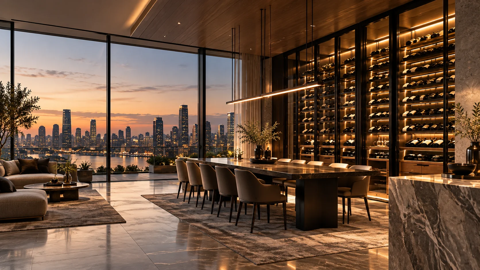 Bespoke KLUGMANN illuminated wine wall in penthouse dining lounge overlooking city skyline