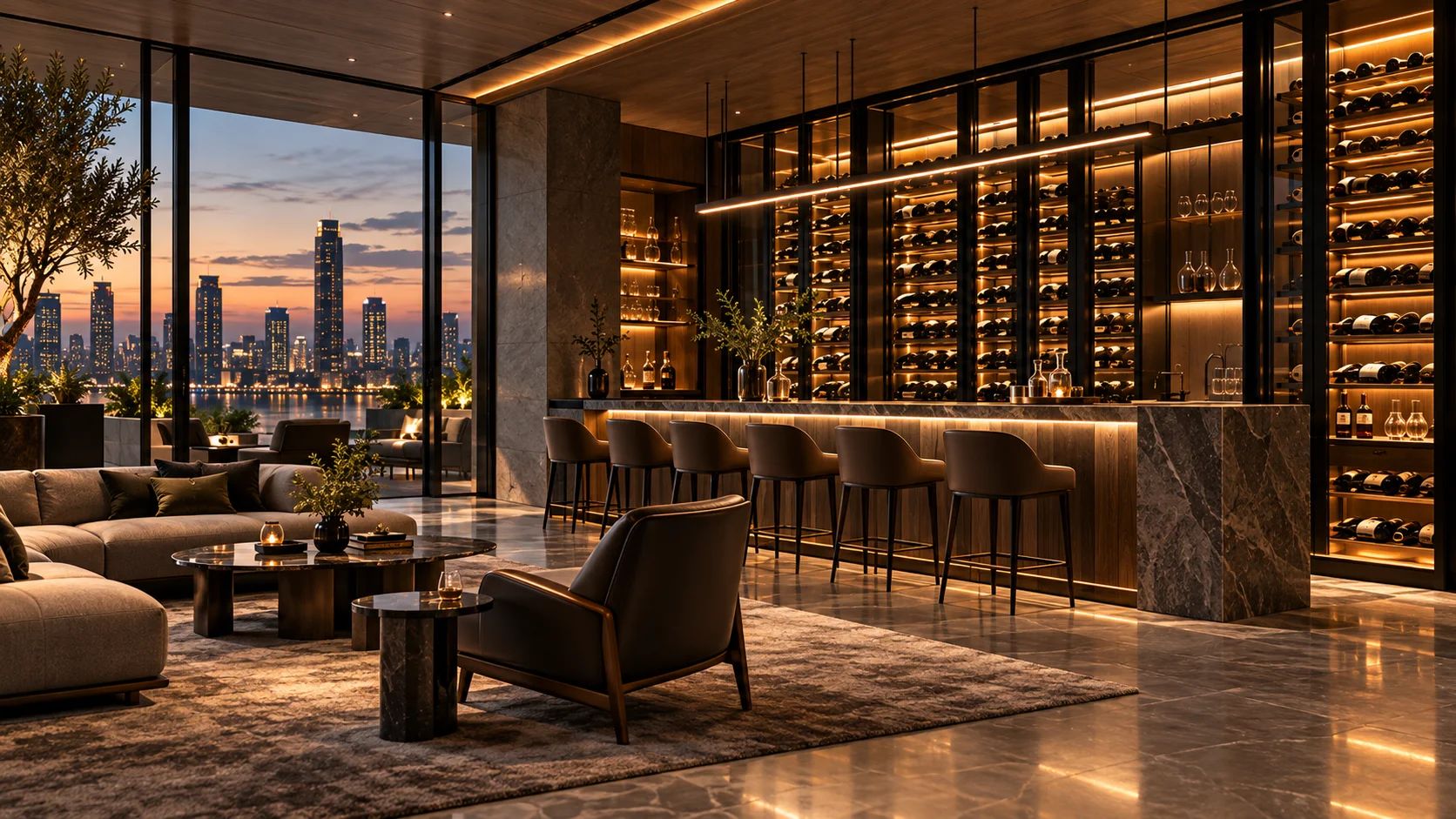 Architectural wine cabinet wall integrated into luxury tasting lounge