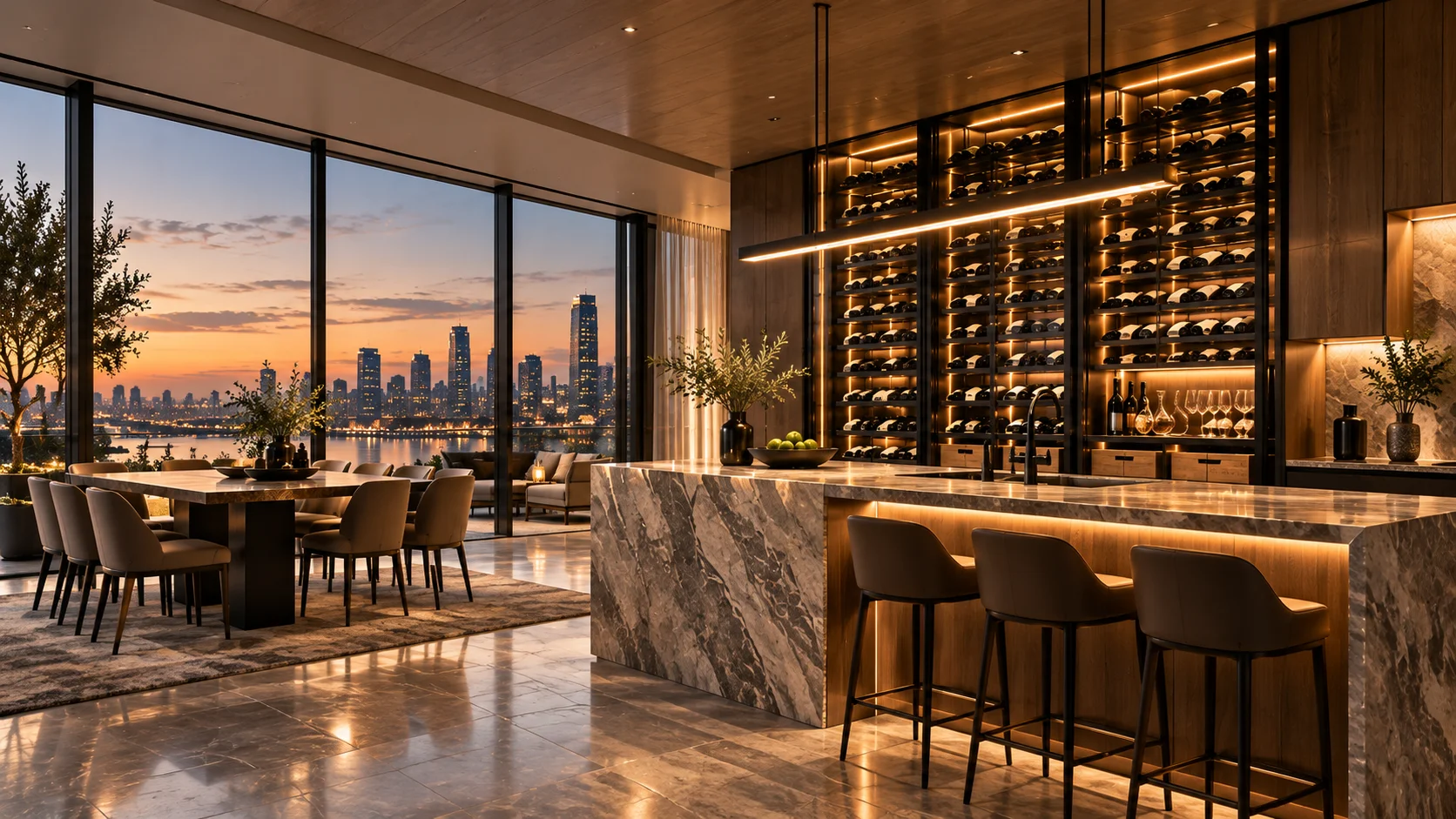 Grand bespoke wine cellar display with marble island bar counter at sunset
